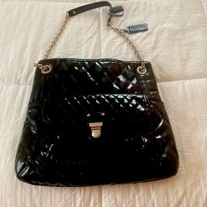 Coach black patent leather purse with chain and leather strap